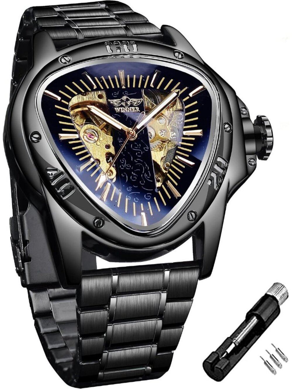 Men's Black Triangle Racing Dial Skeleton Dial Automatic Movement Wrist Watch